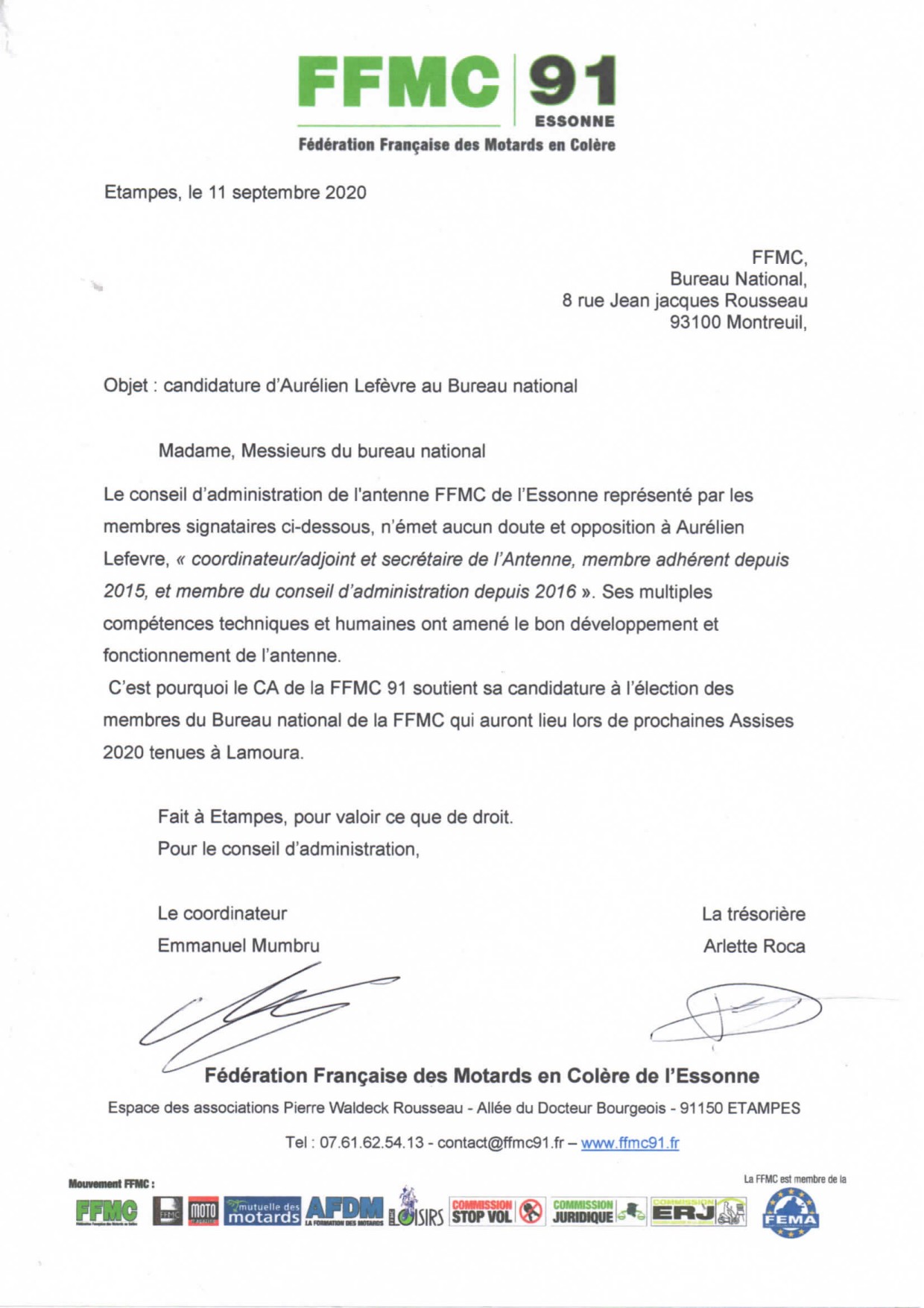 lettre de soutien antenne pour candidature Aurélien Lefèvre